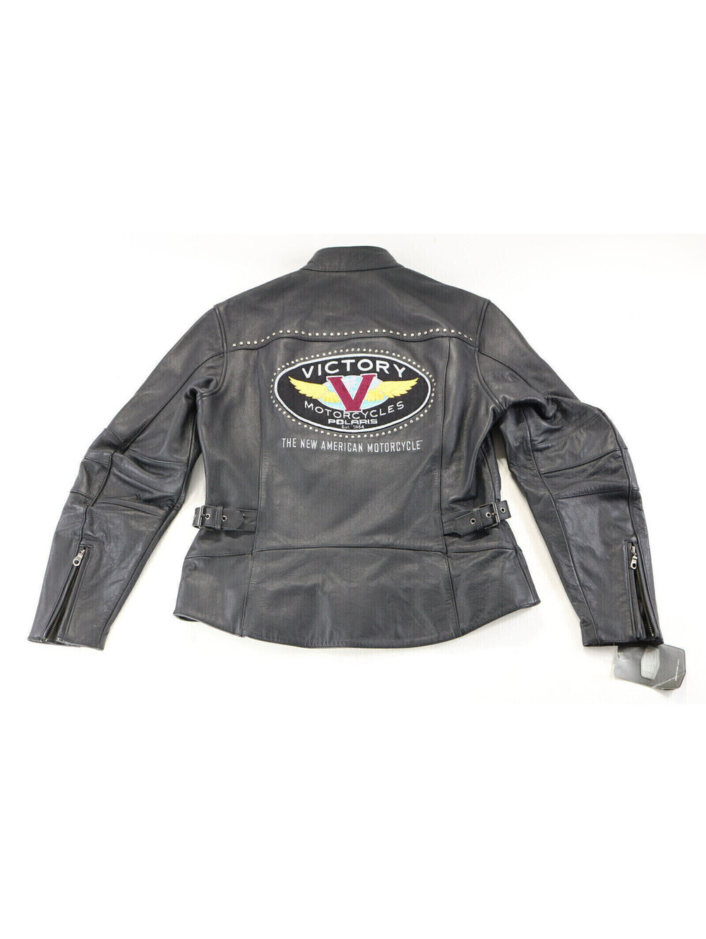 vintage victory motorcycles jacket L large black leather studded zip buckles nwt